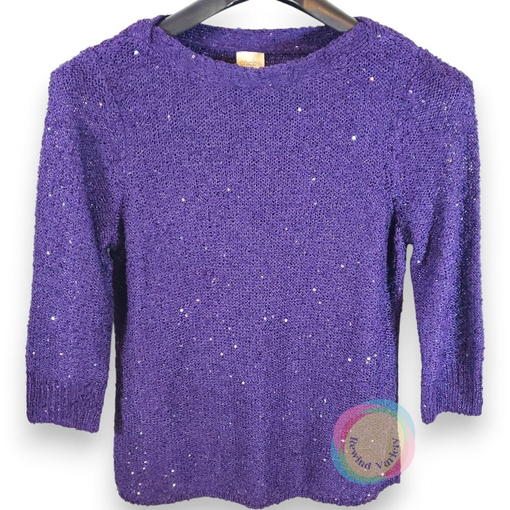 Chico's Purple Sequined Knit Sweater Top Size 1 Medium